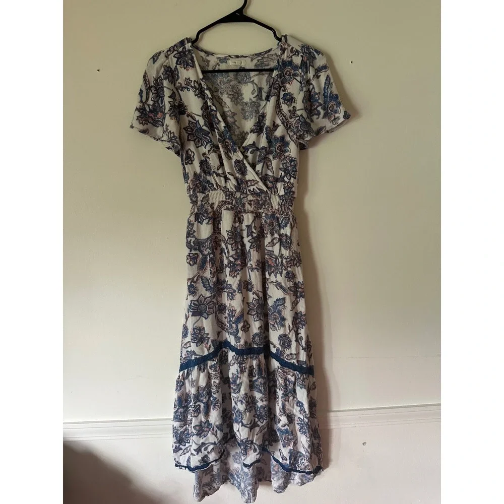Maurices Floral Paisley Midi Dress XS Boho Wrap V-Neck High Low Smocked - Picture 1 of 5
